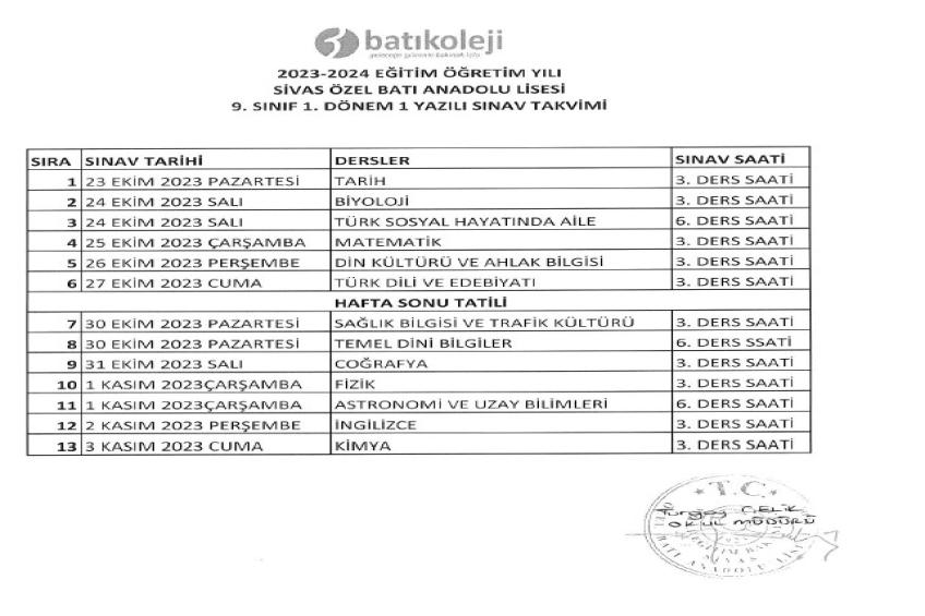 2023-2024 1. DÖNEM 1. YAZILI TARİHLERİ - Batı Koleji